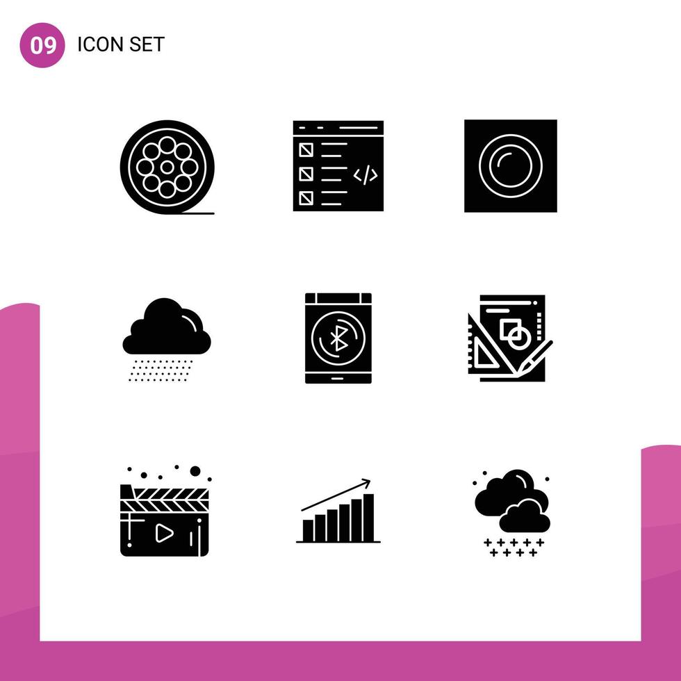 Mobile Interface Solid Glyph Set of 9 Pictograms of connect canada list rain recessed Editable Vector Design Elements