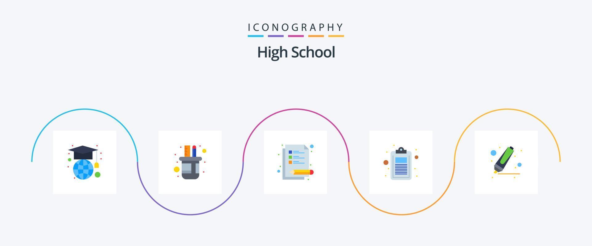 paquete de iconos de 5 planos de escuela secundaria que incluye marcador. dibujo. notas prueba. educación vector