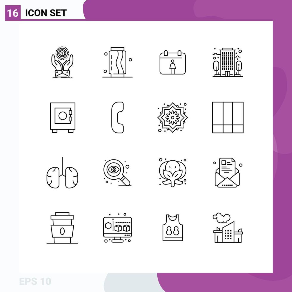 16 User Interface Outline Pack of modern Signs and Symbols of user locker food office building Editable Vector Design Elements