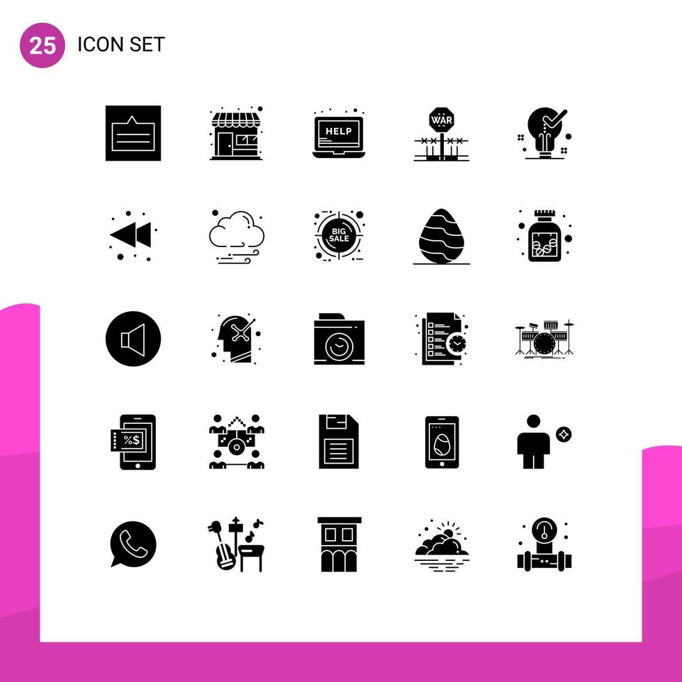 grupo de símbolos de icono universal de 25 glifos sólidos modernos de ocupación de conflicto de tienda militar compatible con elementos de diseño vectorial editables vector
