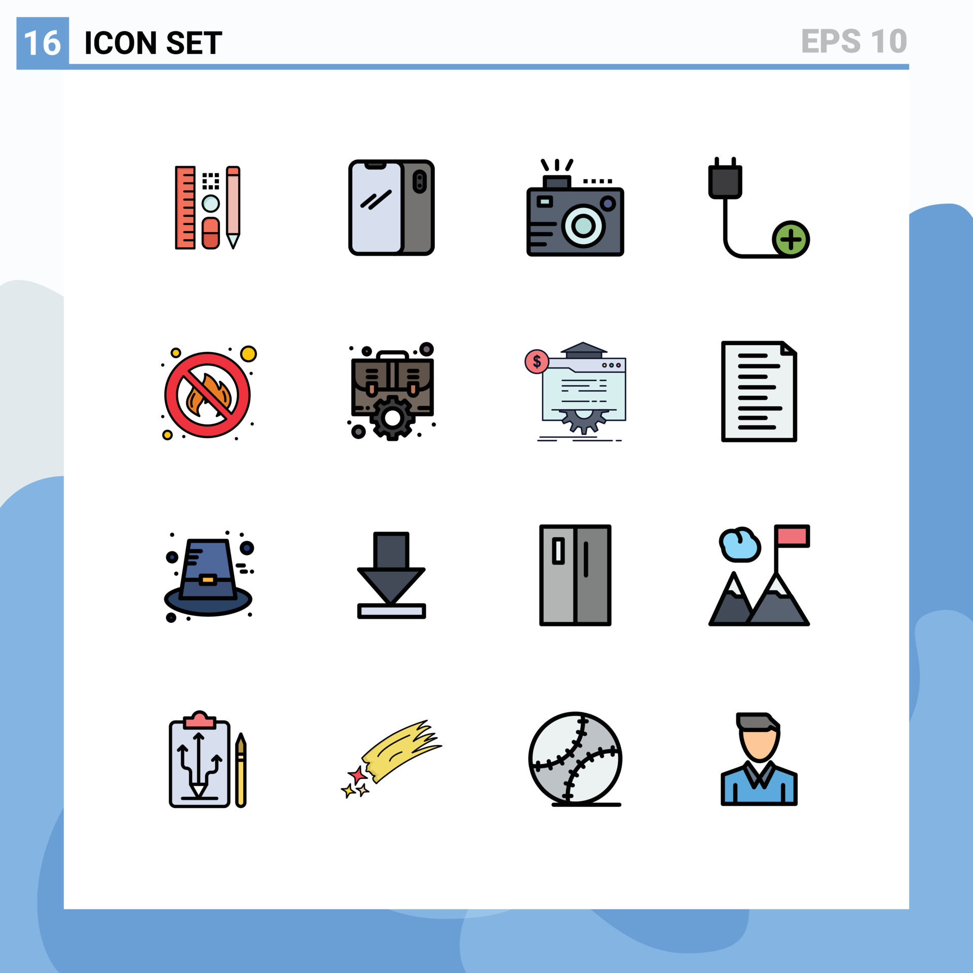 Pack of 16 creative Flat Color Filled Lines of devices computers iphone