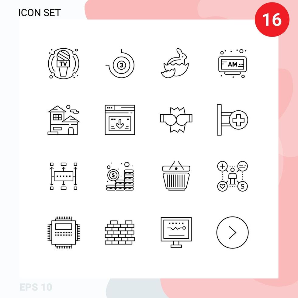 Mobile Interface Outline Set of 16 Pictograms of building home easter time am Editable Vector Design Elements
