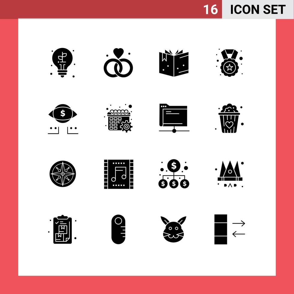 16 User Interface Solid Glyph Pack of modern Signs and Symbols of marketing eye book badge reward Editable Vector Design Elements