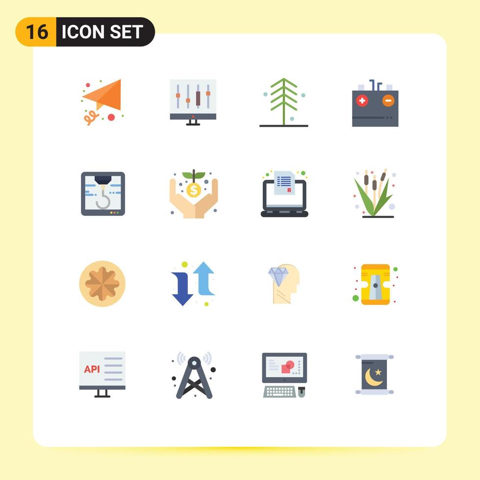 paquete de 16 signos y símbolos modernos de colores planos para medios de impresión web como impresora electricidad bosque cargando batería paquete editable de elementos creativos de diseño de vectores