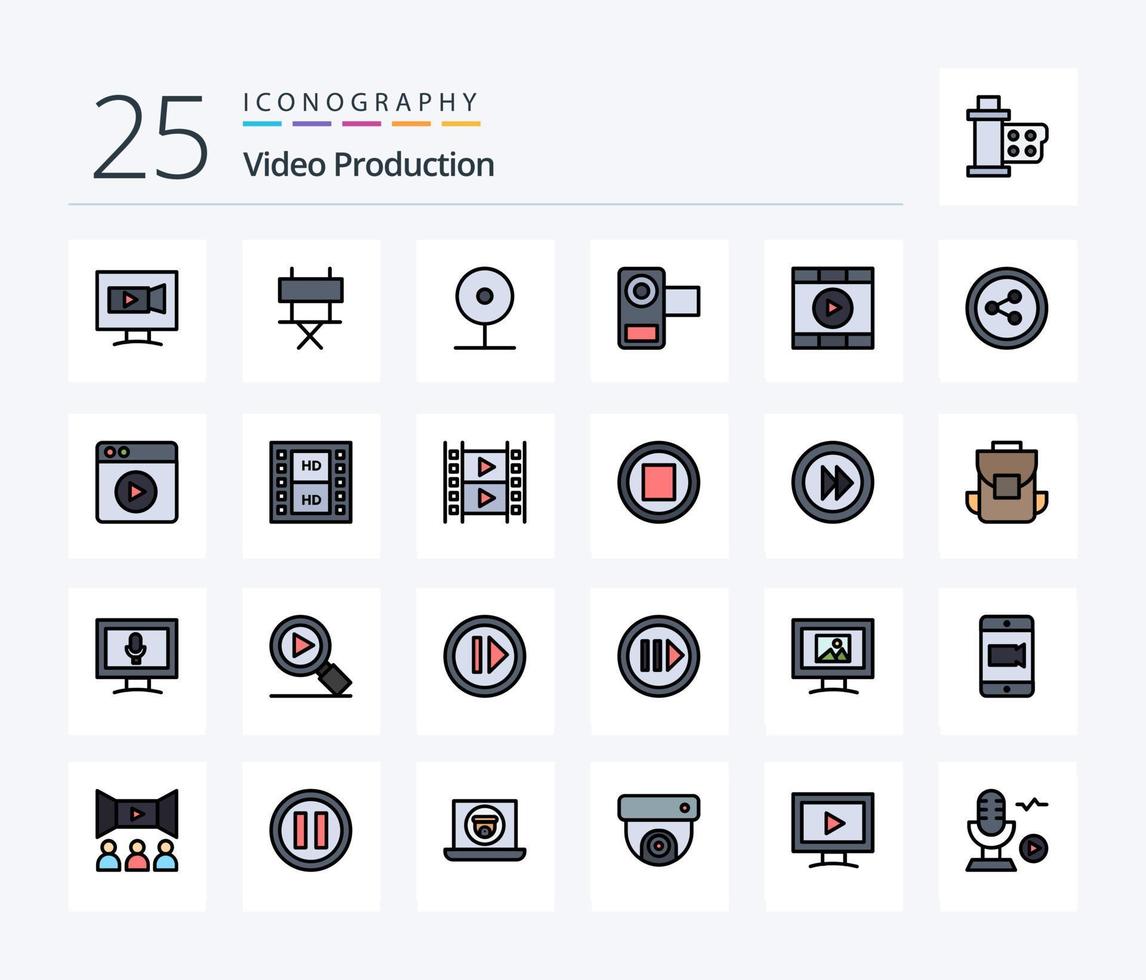 paquete de iconos rellenos de 25 líneas de producción de video que incluye video. medios de comunicación. cámara. película. social vector