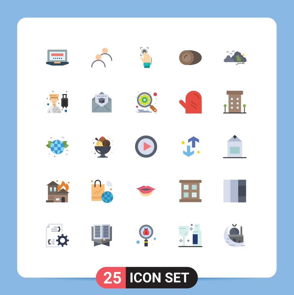 Mobile Interface Flat Color Set of 25 Pictograms of gastronomy cooking fingerprint coconut scanner Editable Vector Design Elements