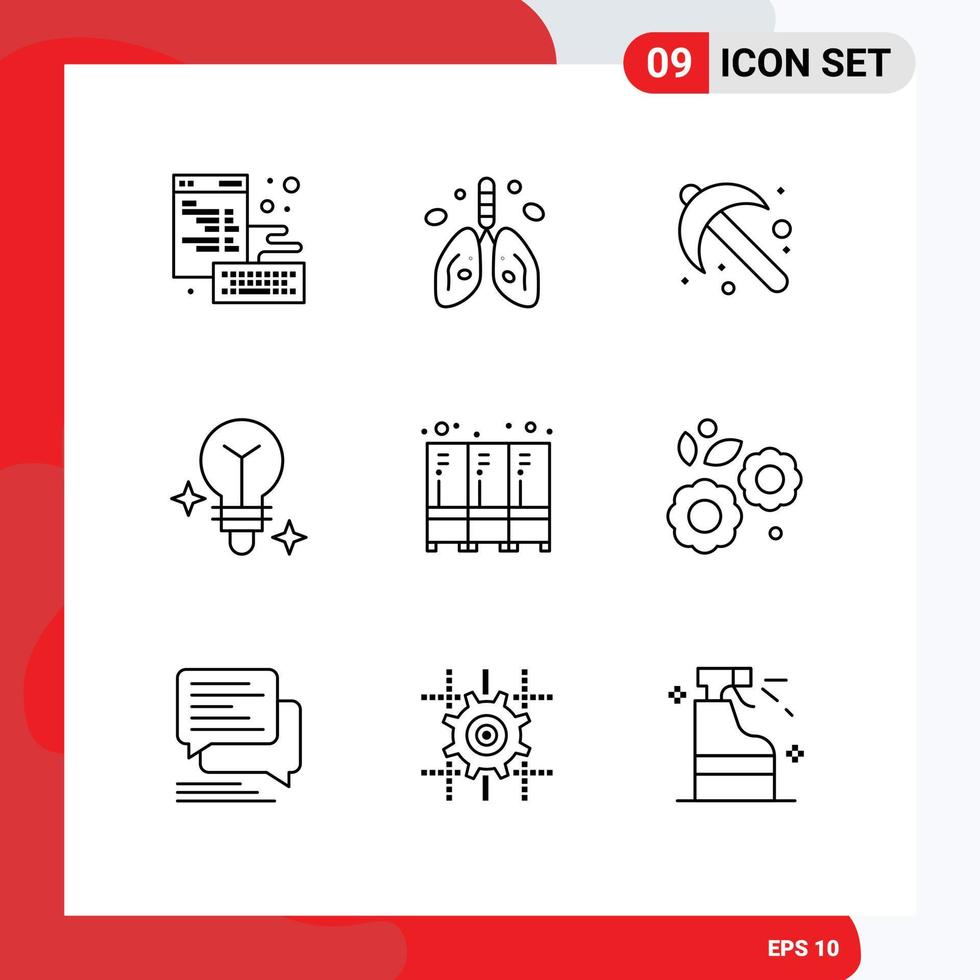 Mobile Interface Outline Set of 9 Pictograms of furniture media organ light tool Editable Vector Design Elements