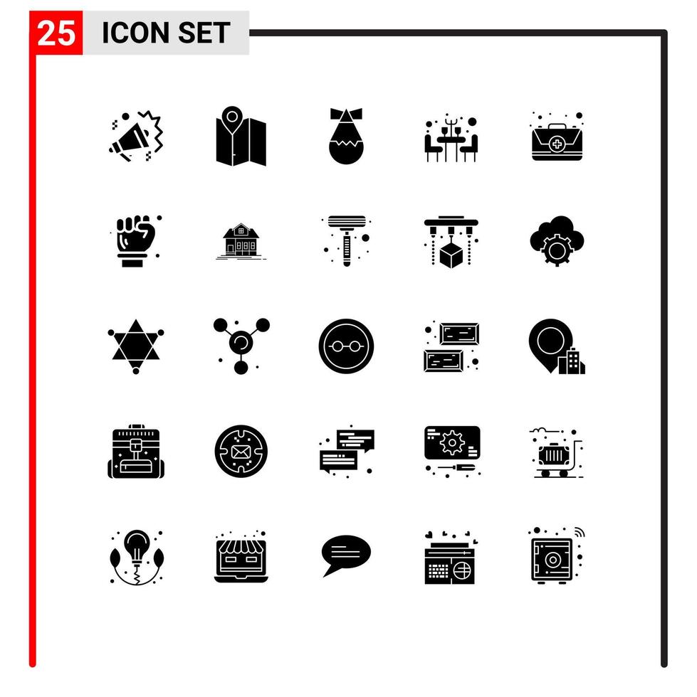Group of 25 Modern Solid Glyphs Set for first aid location table dinner Editable Vector Design Elements