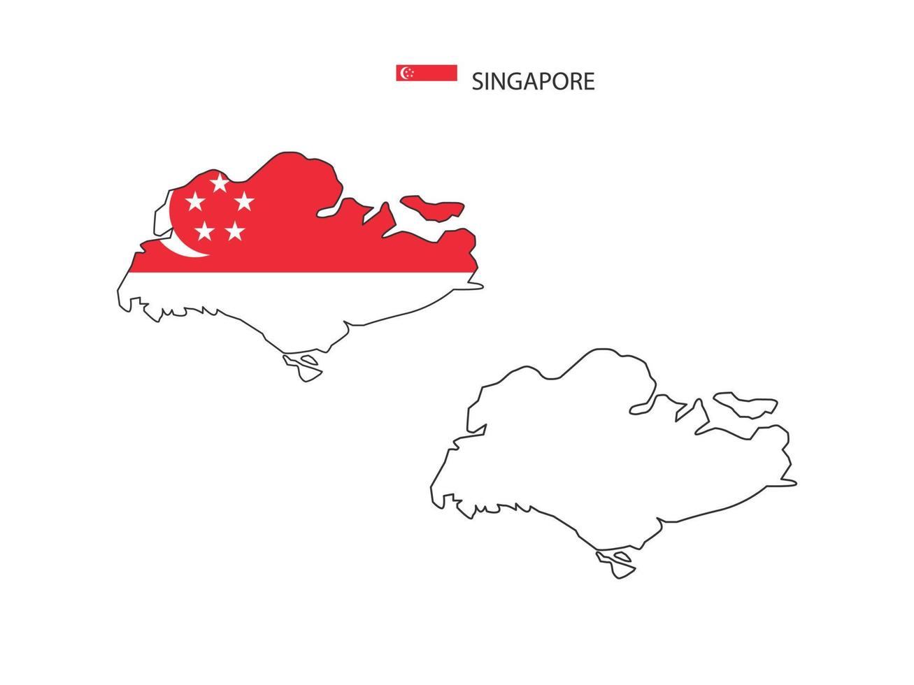 vector de ciudad de mapa de singapur dividido por estilo de simplicidad de contorno. tiene 2 versiones, versión de línea delgada negra y versión de color de bandera de país. ambos mapas estaban en el fondo blanco.