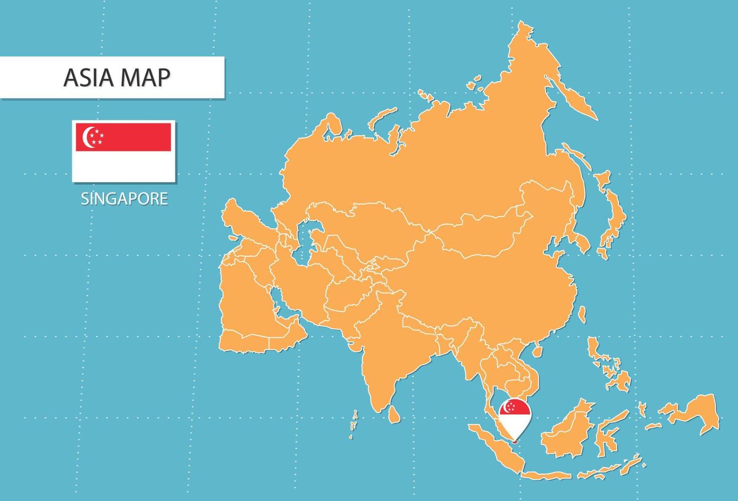 mapa de singapur en asia, iconos que muestran la ubicación y las banderas de singapur. vector