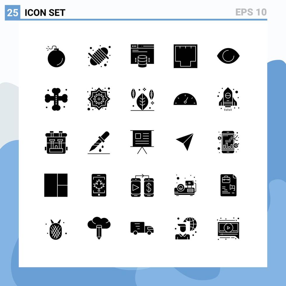 Pack of 25 creative Solid Glyphs of face port internet hosting network ethernet Editable Vector Design Elements