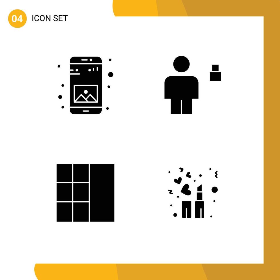 4 Thematic Vector Solid Glyphs and Editable Symbols of app grid mobile human fashion Editable Vector Design Elements