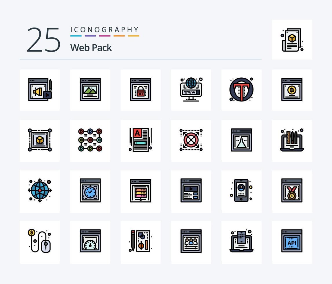 Paquete web Paquete de íconos llenos de 25 líneas que incluye una foto. web. bloqueo de página sitio. navegador vector