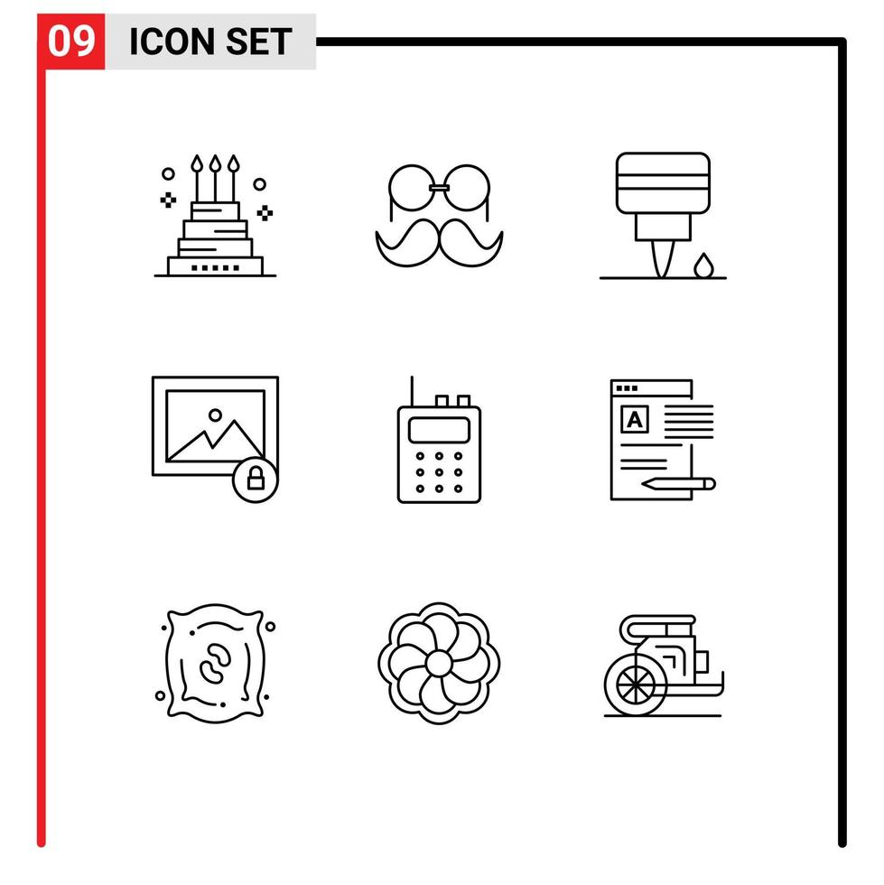 9 Outline concept for Websites Mobile and Apps radio photo glasses lock oil Editable Vector Design Elements