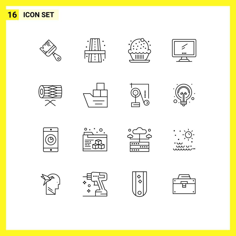 16 Universal Outlines Set for Web and Mobile Applications drum imac birthday device computer Editable Vector Design Elements