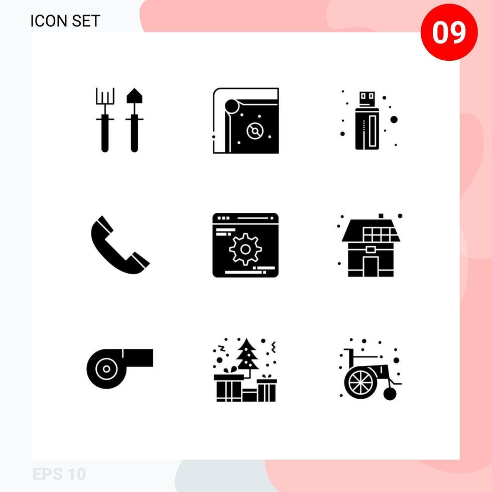 Modern Set of 9 Solid Glyphs Pictograph of gear cogwheels cable telephone contact Editable Vector Design Elements