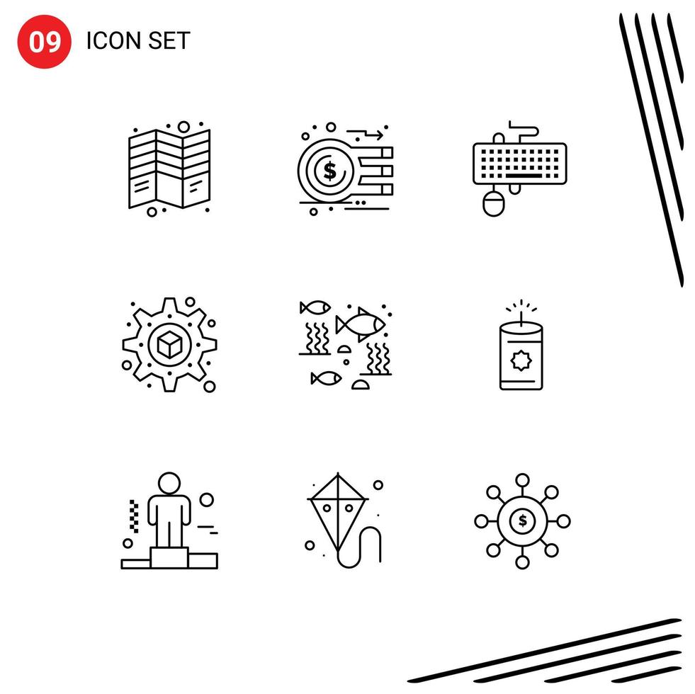 paquete de 9 signos y símbolos de contornos modernos para medios de impresión web, como gráficos de impresión de peces, elementos de diseño de vectores editables de teclado obsoletos