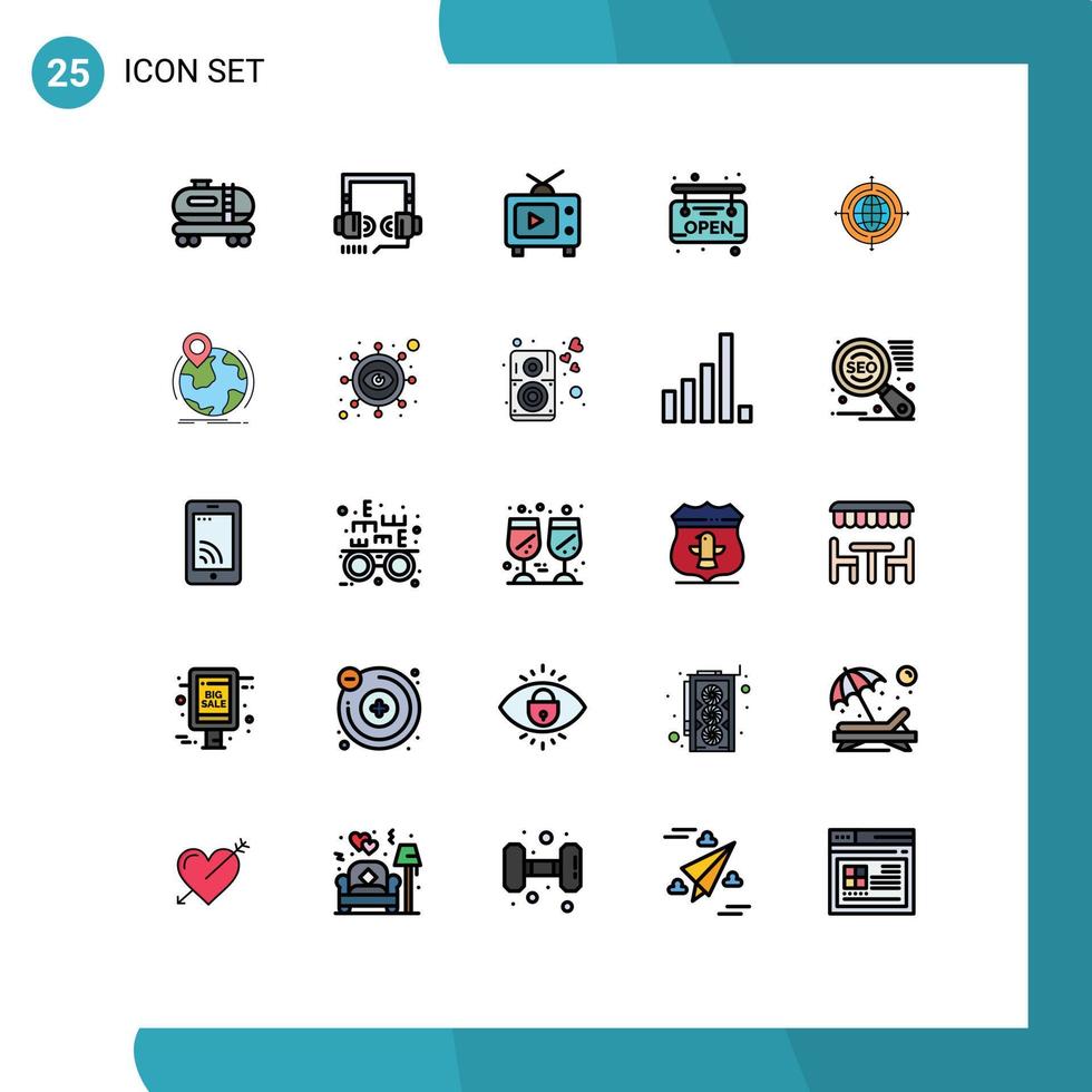 Pack of 25 creative Filled line Flat Colors of connected focus television globe open Editable Vector Design Elements