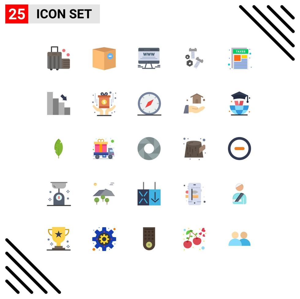 25 User Interface Flat Color Pack of modern Signs and Symbols of document screw shipping nut web advert Editable Vector Design Elements