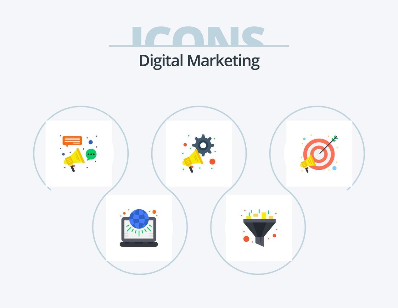 Digital Marketing Flat Icon Pack 5 Icon Design. goal. megaphone. advertising. marketing. connection vector