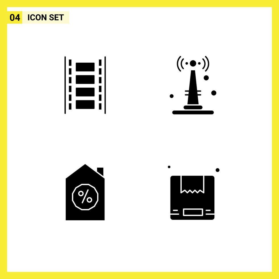 User Interface Pack of 4 Basic Solid Glyphs of animation mortgage filmstrip router box Editable Vector Design Elements