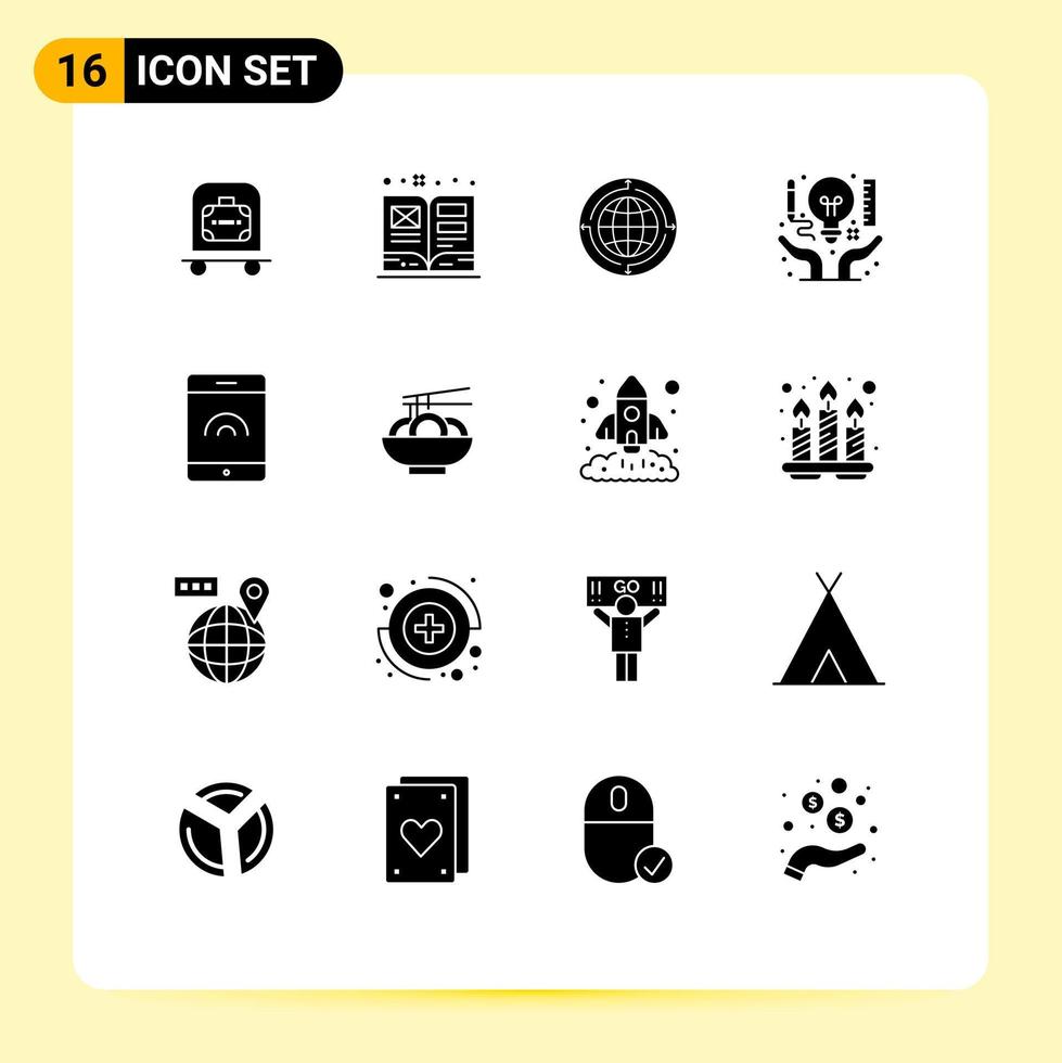 Mobile Interface Solid Glyph Set of 16 Pictograms of creative art globe idea global Editable Vector Design Elements