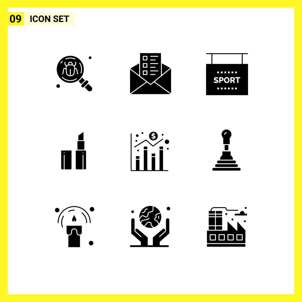 Modern Set of 9 Solid Glyphs Pictograph of economy chart info digital lipstick Editable Vector Design Elements