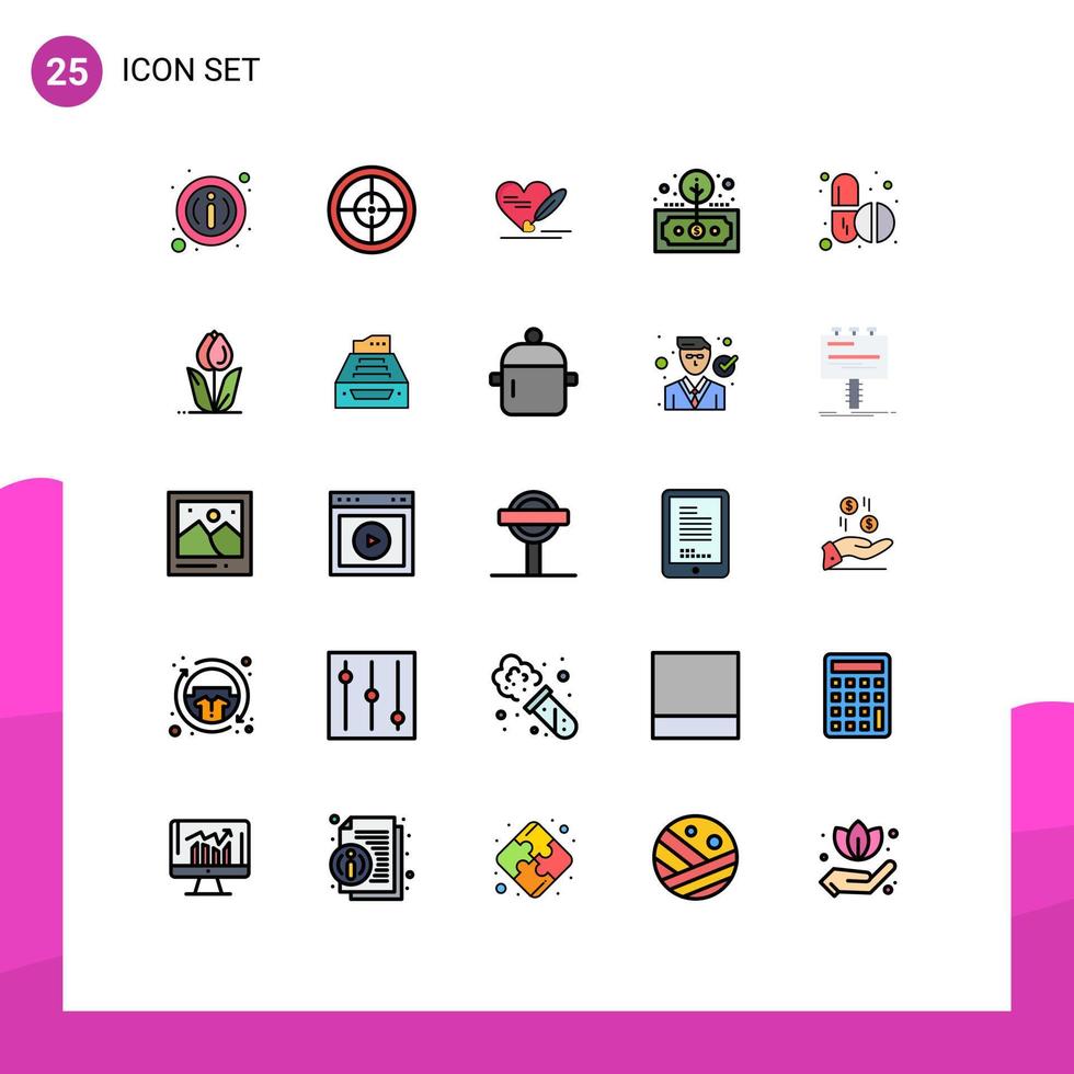 25 User Interface Filled line Flat Color Pack of modern Signs and Symbols of pills roi love return finance Editable Vector Design Elements