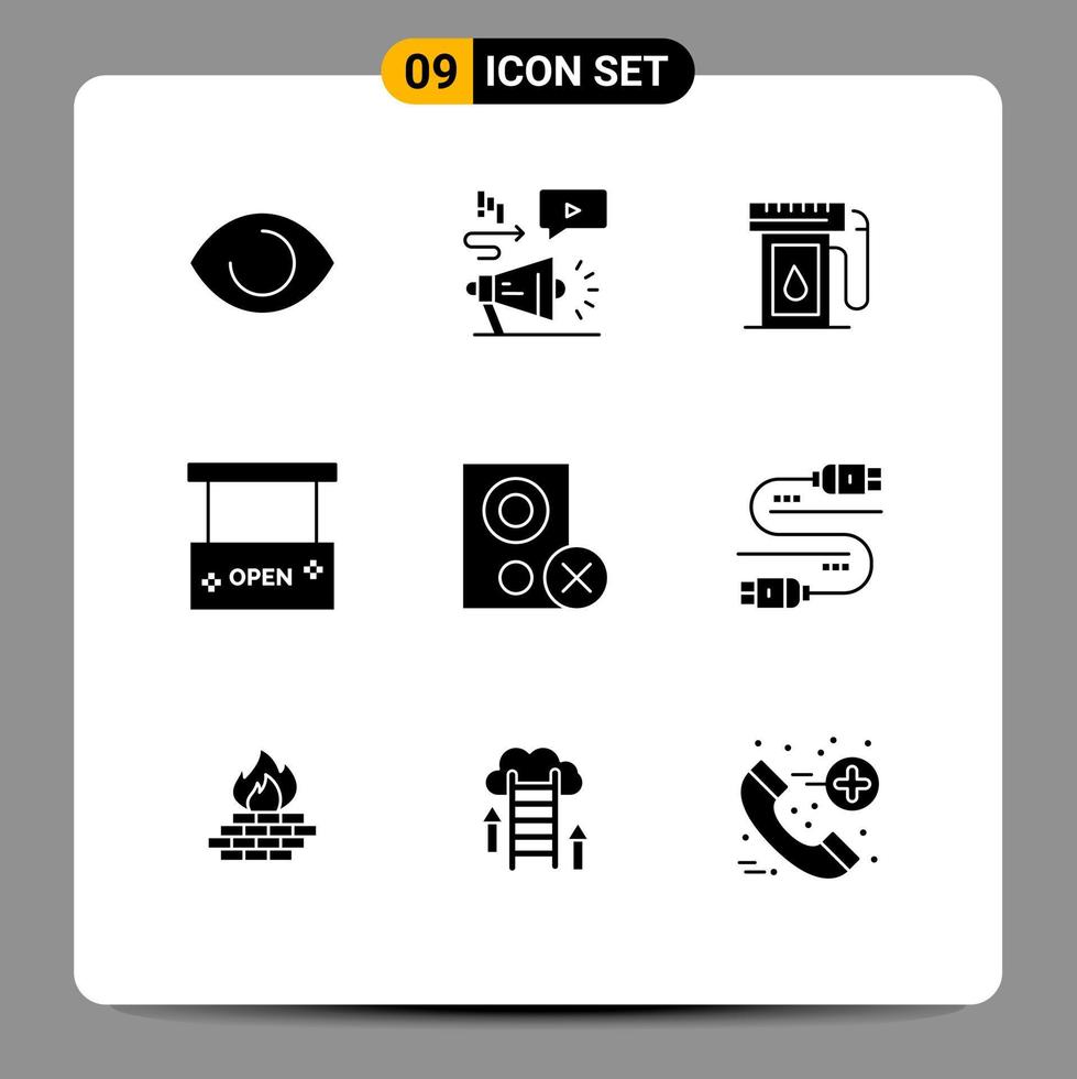 Mobile Interface Solid Glyph Set of 9 Pictograms of computers open salon gasoline open beauty and spa Editable Vector Design Elements