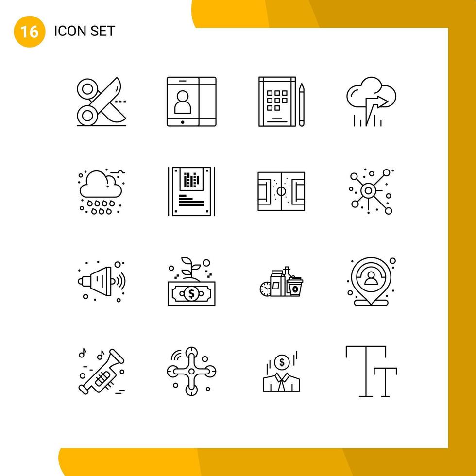 Set of 16 Vector Outlines on Grid for weather cloud book autumn arrow Editable Vector Design Elements