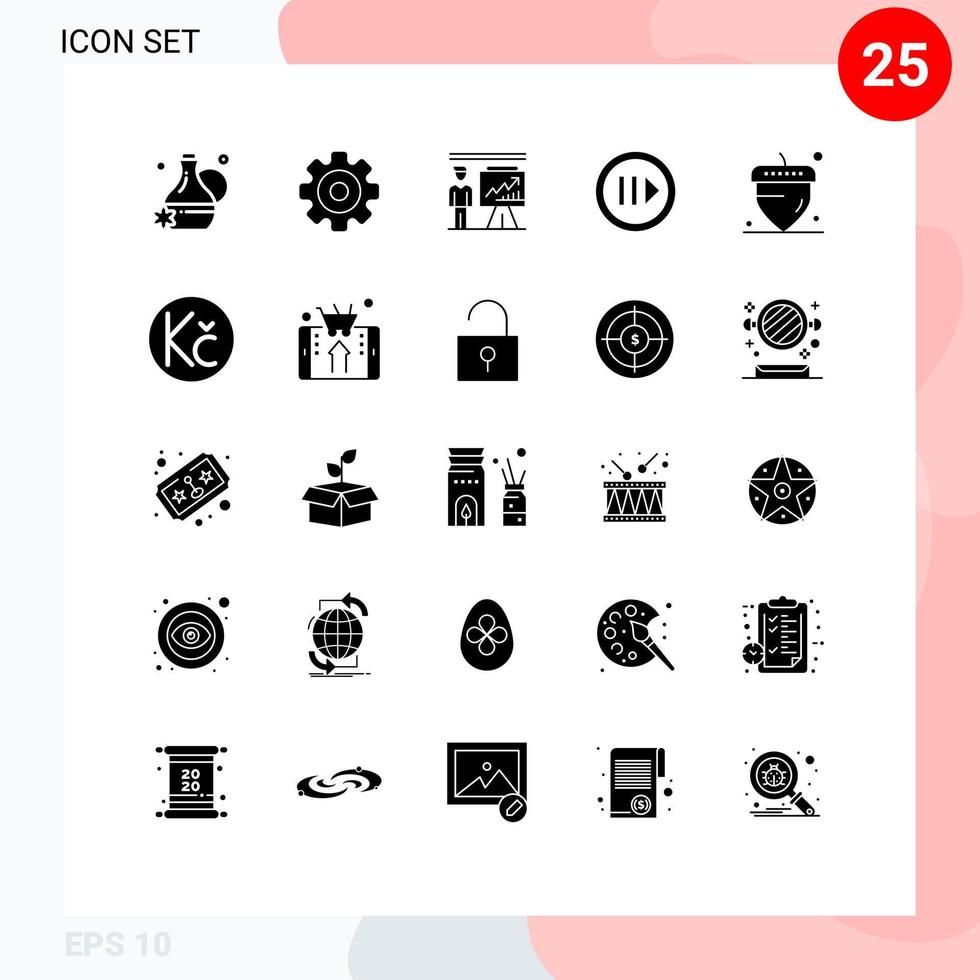 Mobile Interface Solid Glyph Set of 25 Pictograms of oak nut step man player media Editable Vector Design Elements