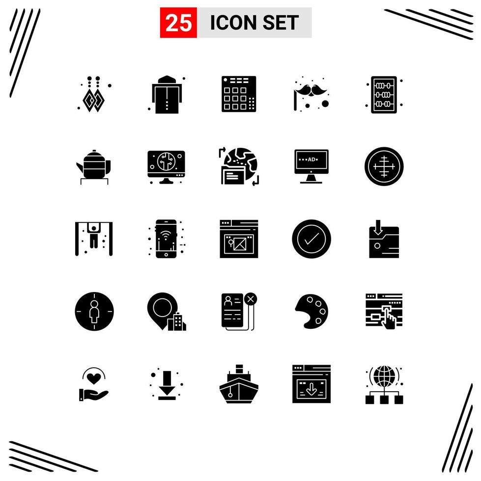 Set of 25 Commercial Solid Glyphs pack for tea knowledge live education moustache Editable Vector Design Elements