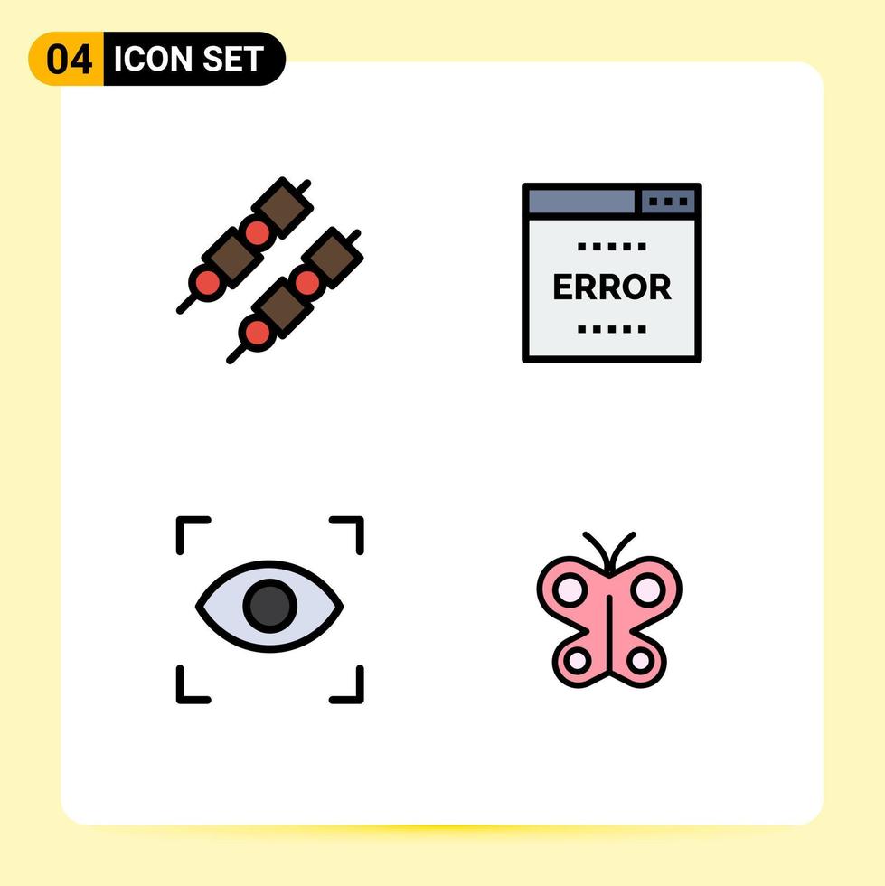 Modern Set of 4 Filledline Flat Colors Pictograph of barbeque focus error page butterfly Editable Vector Design Elements