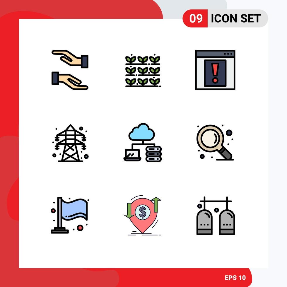 Modern Set of 9 Filledline Flat Colors and symbols such as server cloud alert transmission tower energy Editable Vector Design Elements