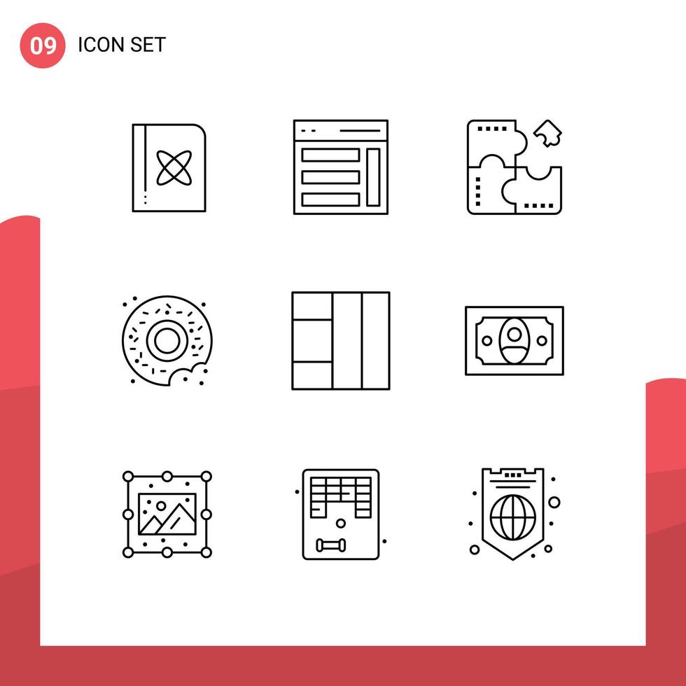 Modern Set of 9 Outlines Pictograph of grid food user donut jigsaw Editable Vector Design Elements