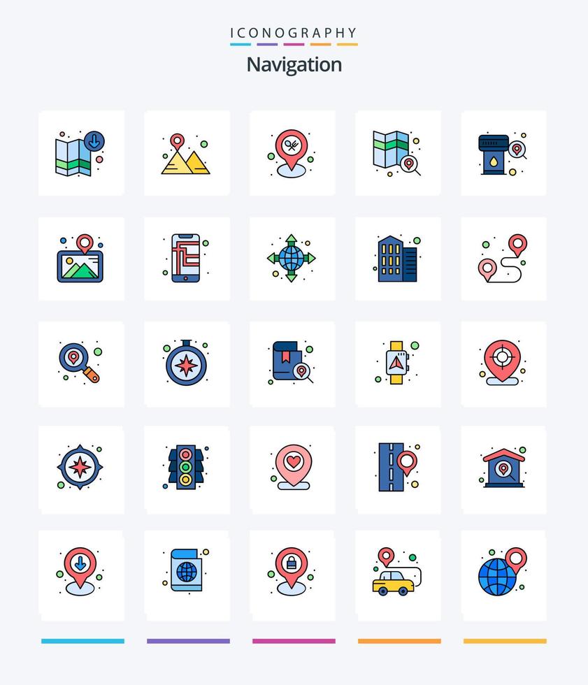 paquete de iconos rellenos de 25 líneas de navegación creativa, como la estación. gas. localización. buscar. explorar vector