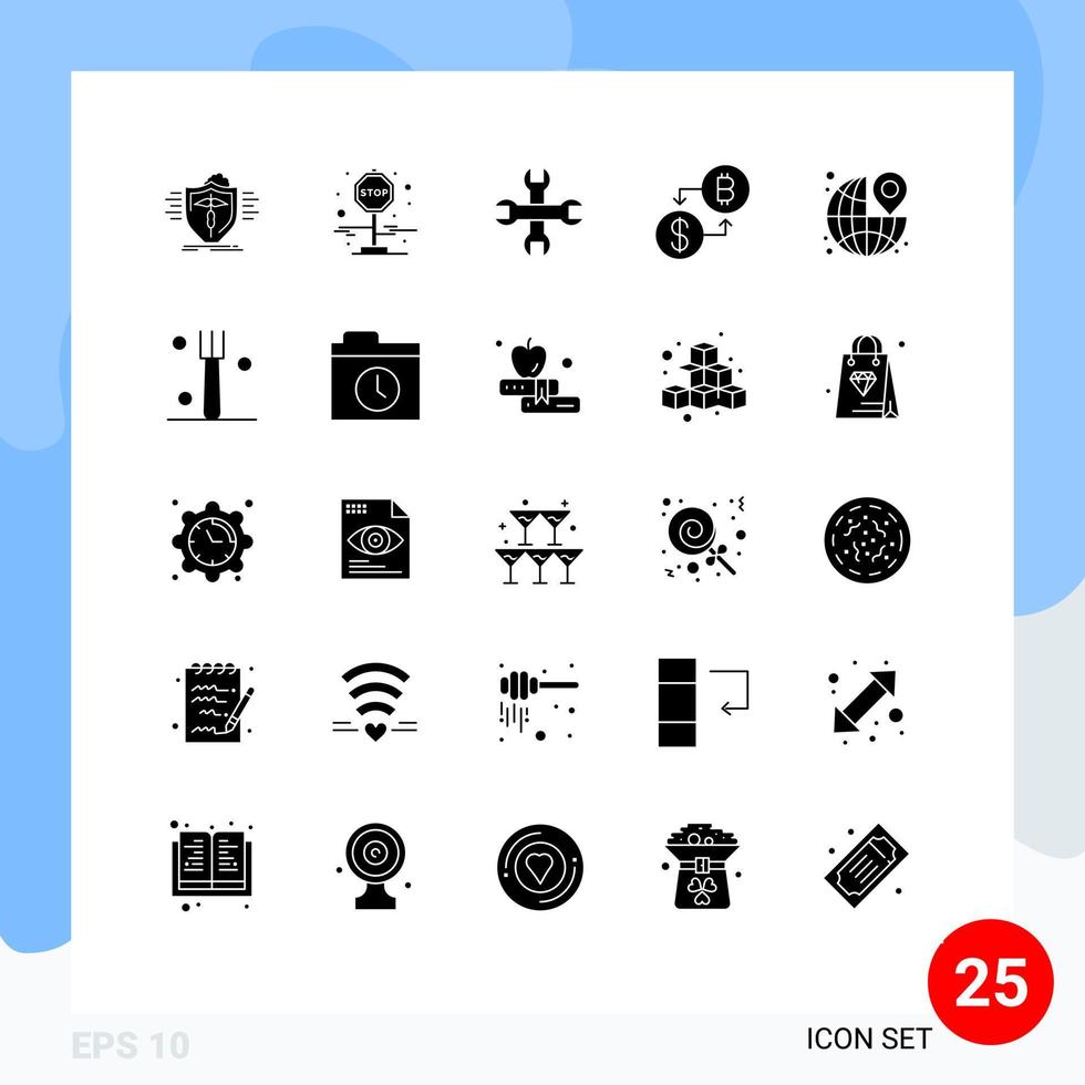 Mobile Interface Solid Glyph Set of 25 Pictograms of pin around options payment digital Editable Vector Design Elements