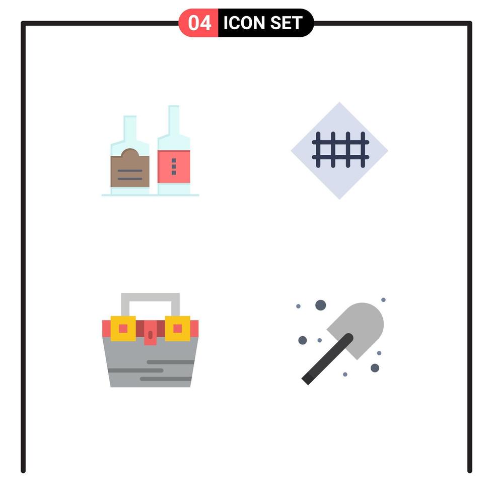 4 Thematic Vector Flat Icons and Editable Symbols of alcohol bag bottles road fence construction Editable Vector Design Elements