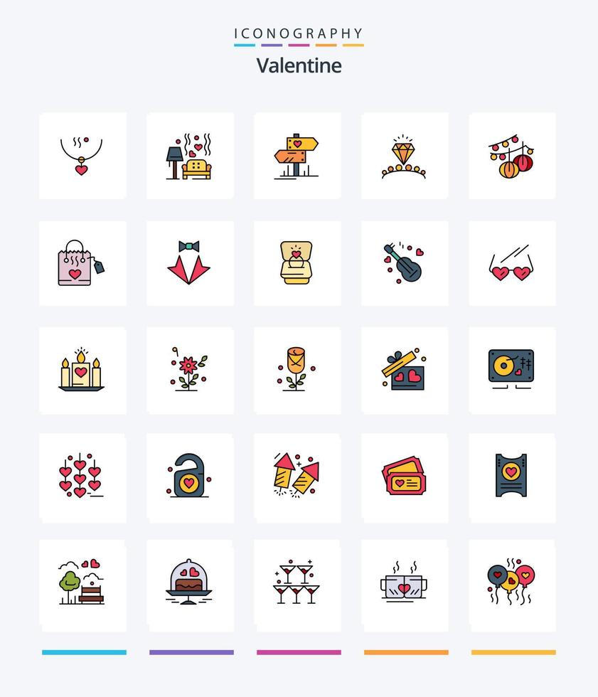 Paquete de iconos llenos de 25 líneas de San Valentín creativo, como boda. amar. corazón. diamante. corazón vector