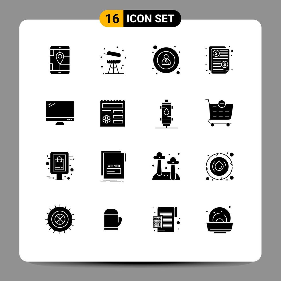Pack of 16 Modern Solid Glyphs Signs and Symbols for Web Print Media such as device computer interface paid invoice Editable Vector Design Elements
