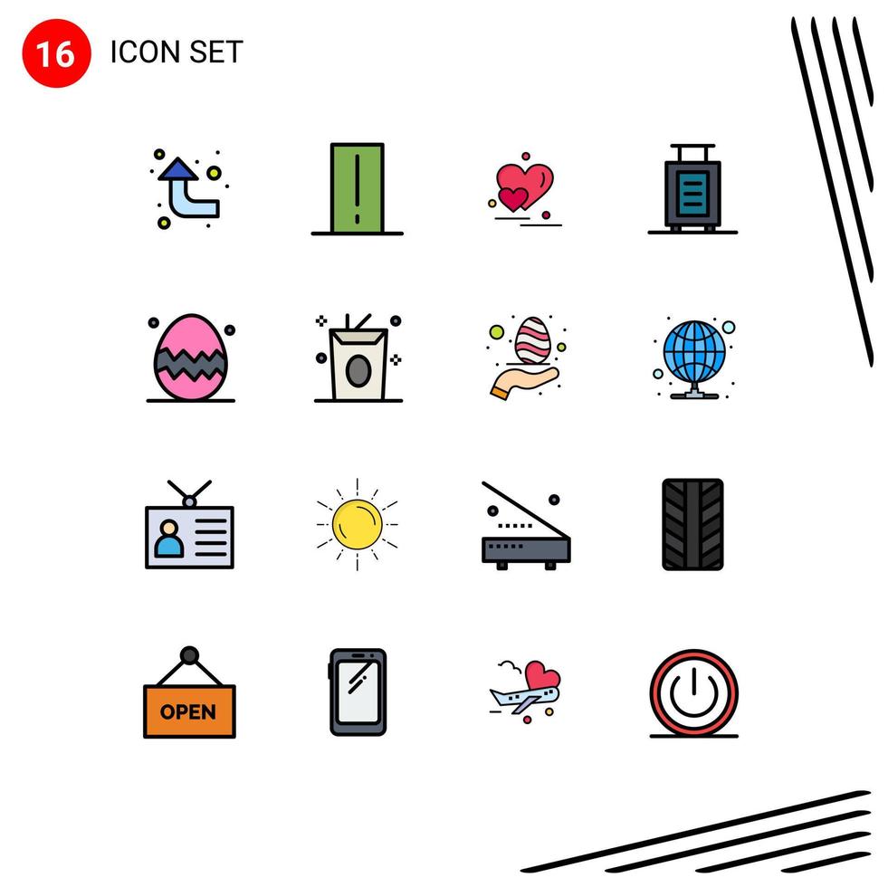 Pictogram Set of 16 Simple Flat Color Filled Lines of spring season easter egg heart suitcase bag Editable Creative Vector Design Elements