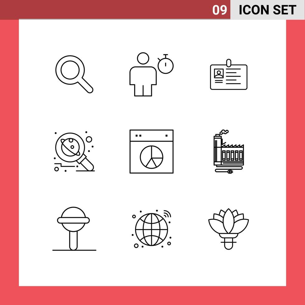 conjunto moderno de 9 esquemas y símbolos, como la tarjeta de astronomía de investigación, la tarjeta de identificación, los elementos de diseño de vectores editables