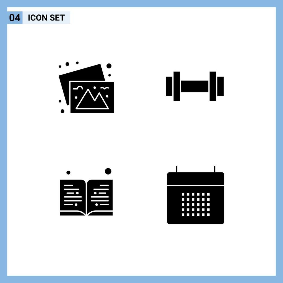 conjunto de glifos sólidos de interfaz móvil de 4 pictogramas de imágenes de educación de cámara cita de entrenamiento elementos de diseño vectorial editables vector