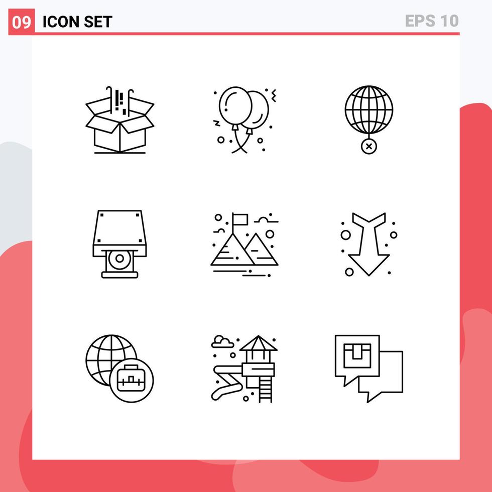 9 User Interface Outline Pack of modern Signs and Symbols of data storage dvd celebration croos globe Editable Vector Design Elements
