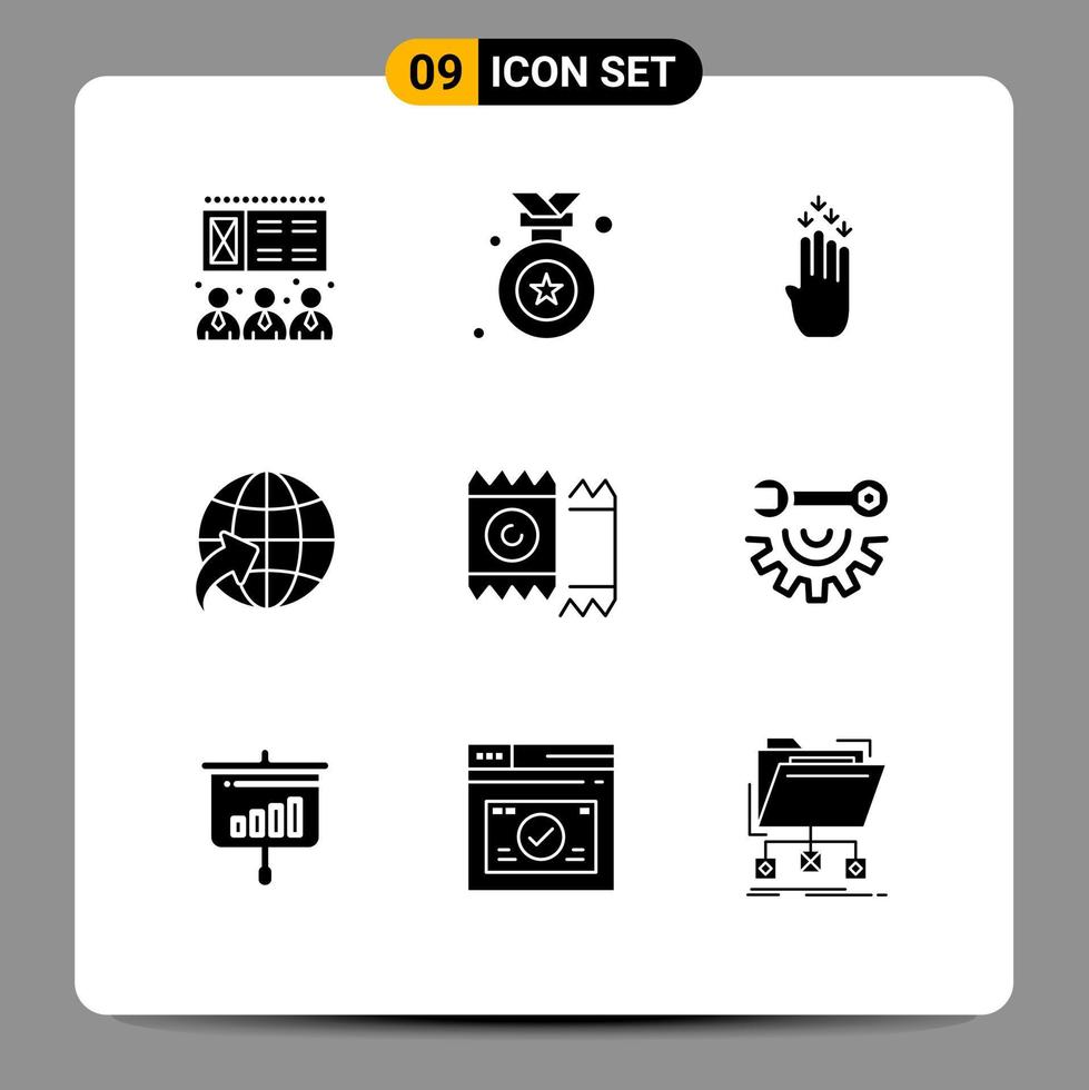 Mobile Interface Solid Glyph Set of 9 Pictograms of wrench wheel lover gesture heart travel Editable Vector Design Elements