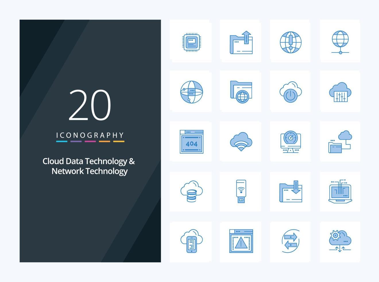 20 tecnología de datos en la nube y tecnología de red icono de color azul para presentación vector