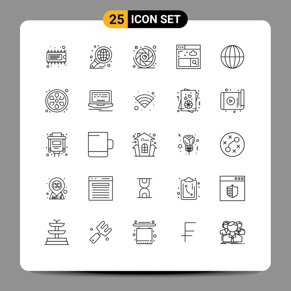 Modern Set of 25 Lines Pictograph of global search report internet lens aperture Editable Vector Design Elements