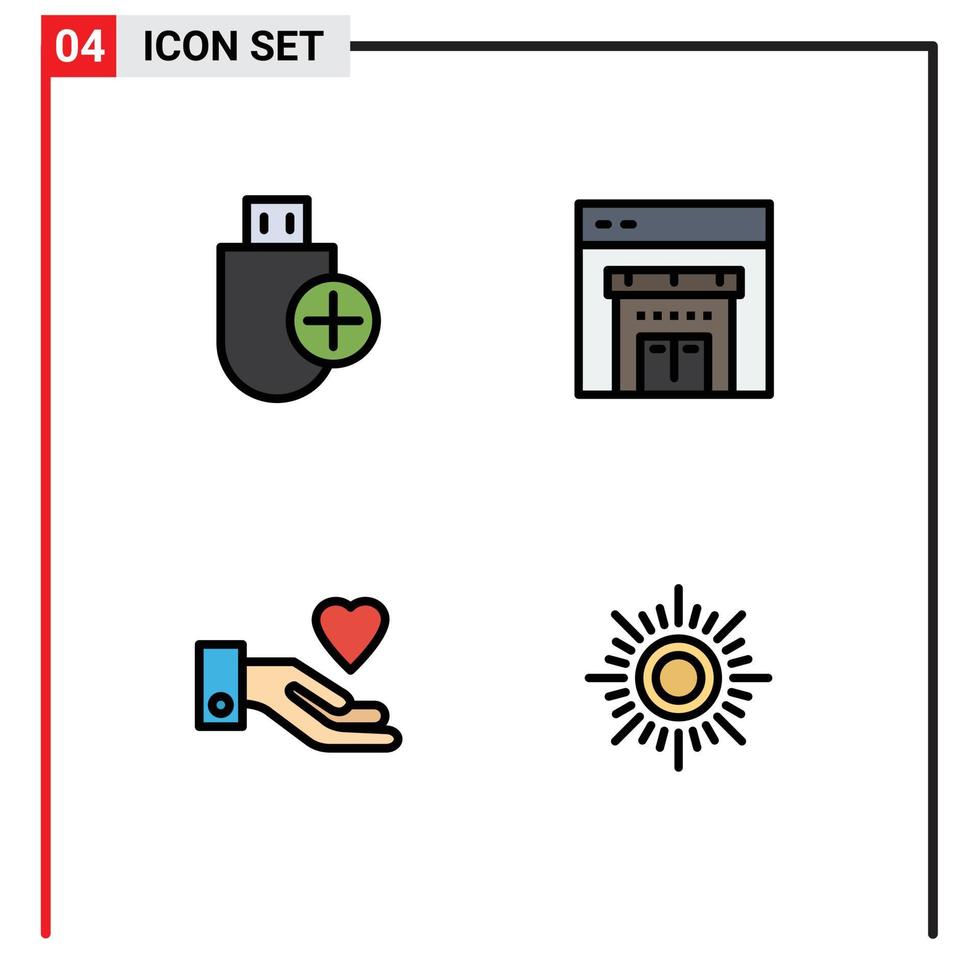 Filledline Flat Color Pack of 4 Universal Symbols of add heart hardware store sun Editable Vector Design Elements