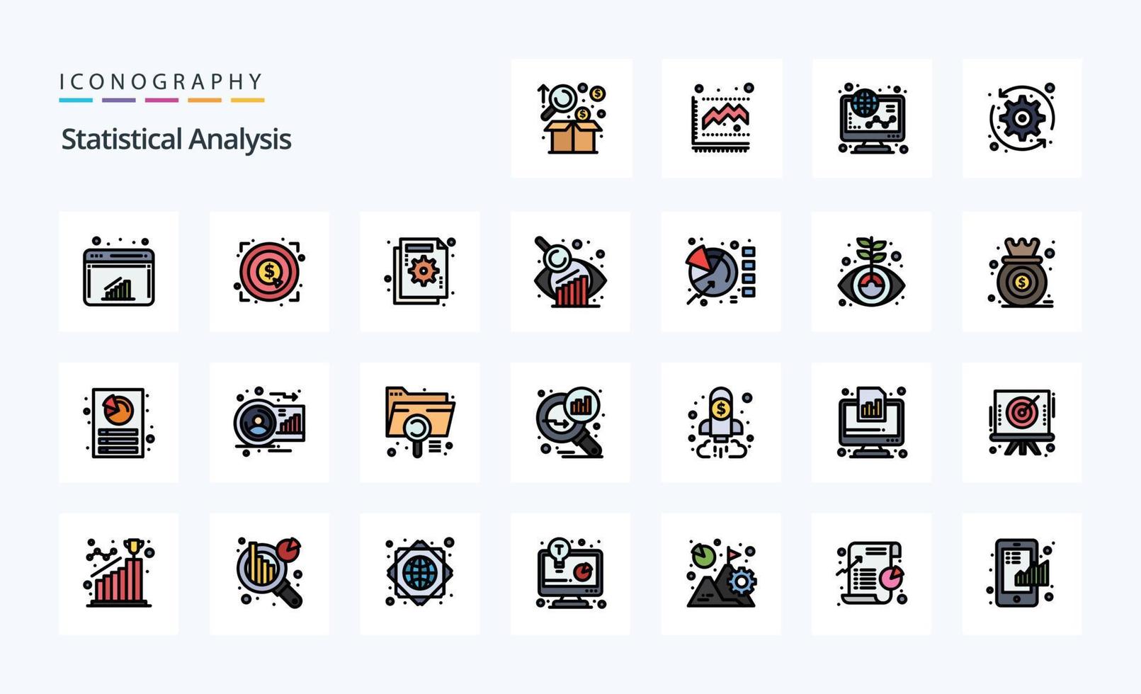 paquete de iconos de estilo lleno de línea de análisis estadístico 25 vector