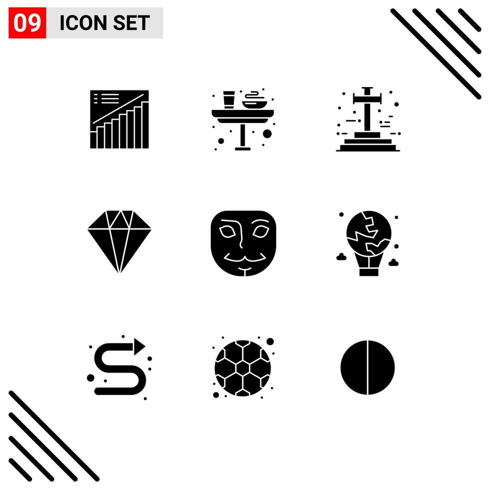 Pack of 9 creative Solid Glyphs of anonymous gift glass diamond graveyard Editable Vector Design Elements